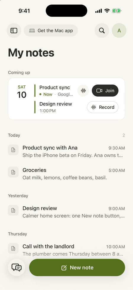 WhisprNotes for iPhone: My notes, with today’s meetings under Coming up.