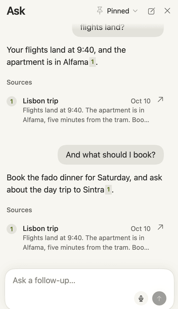 Ask in the Mac app, beside a note: “When do the Lisbon flights land?” typed and answered with the flights landing at 9:40 and the apartment in Alfama, then “And what should I book?” answered with the fado dinner on Saturday and the day trip to Sintra, each citing the note Lisbon trip.