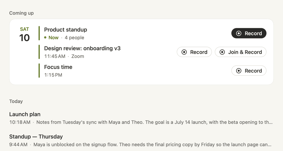Coming up on the Mac’s Home: Product standup, now, with Record; Design review: onboarding v3 at 11:45 AM on Zoom, with Record and Join & Record; Focus time at 1:15 PM. Today’s notes are listed below.