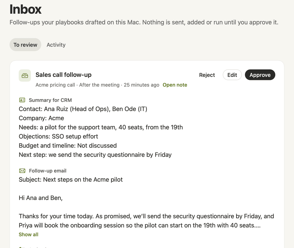 Inbox on the Mac: a Sales call follow-up drafted after the Acme pricing call, with a summary for the CRM and a follow-up email, and Reject, Edit and Approve.