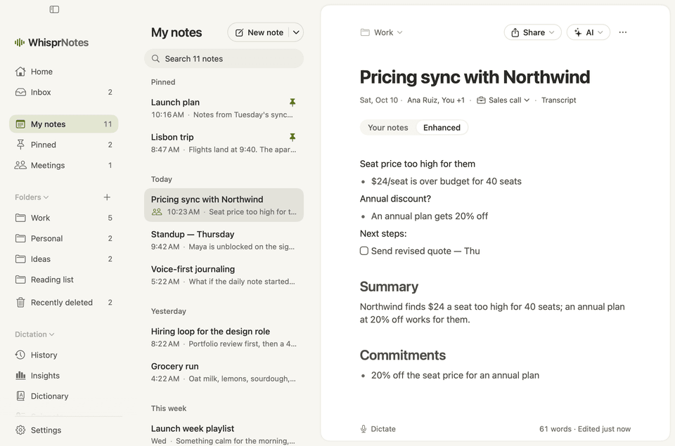 WhisprNotes for Mac: a meeting note, “Pricing sync with Northwind”, filed in Work and enhanced on the Mac, with your lines, a summary and commitments.